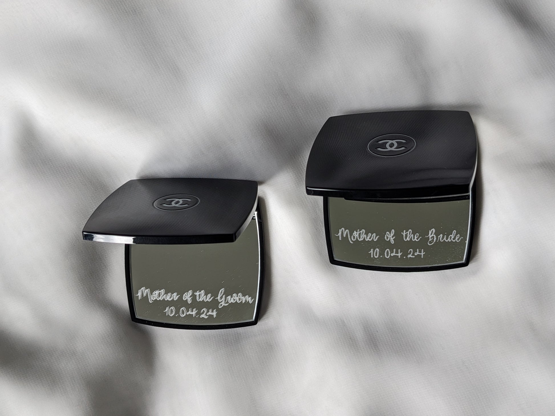 2 engraved Chanel mirrors with Mother of the Groom and Mother of the Bride as wedding gifts